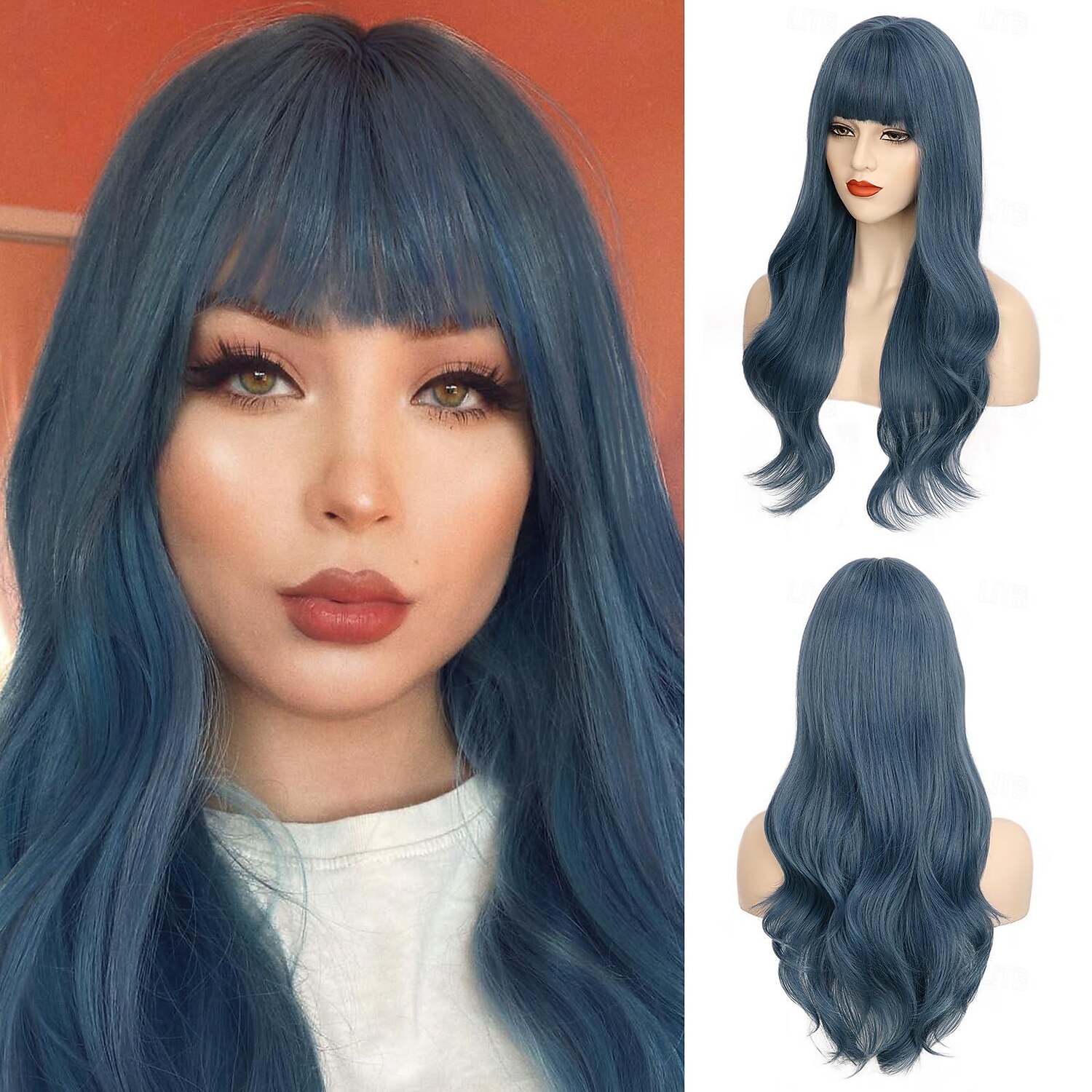 parrucca blu parrucca blu lunga con frangia parrucche lunghe per donna parrucche sintetiche ondulate lunghe in fibra resistente al calore per festa carnevale uso quotidiano del 2025 a $21.99 –P1