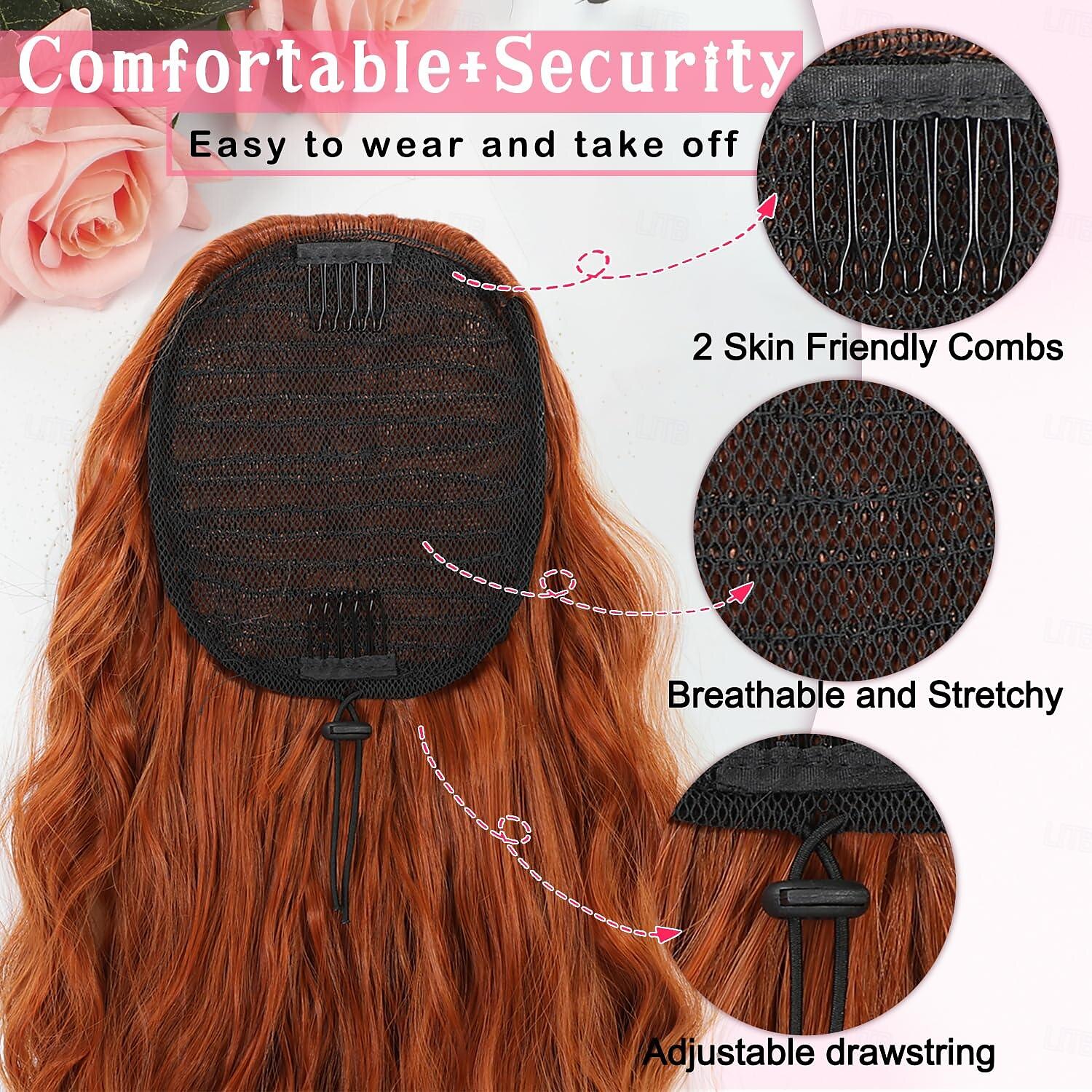 Cordon queue de cheval extensions de cheveux cuivre rouge longue bouclée ondulée queue de cheval naturel ondulé postiches synthétiques pour les femmes de 2025 ? $11.99 –P3