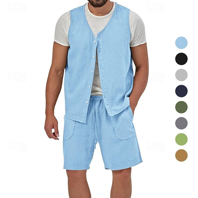 Men's Linen Shorts Summer Shorts Beach Shorts Set Pocket Drawstring Elastic Waist Plain Comfort Breathable Short Holiday Vacation Beach Hawaiian Boho Black Yellow 2025 - $34.99 –P1