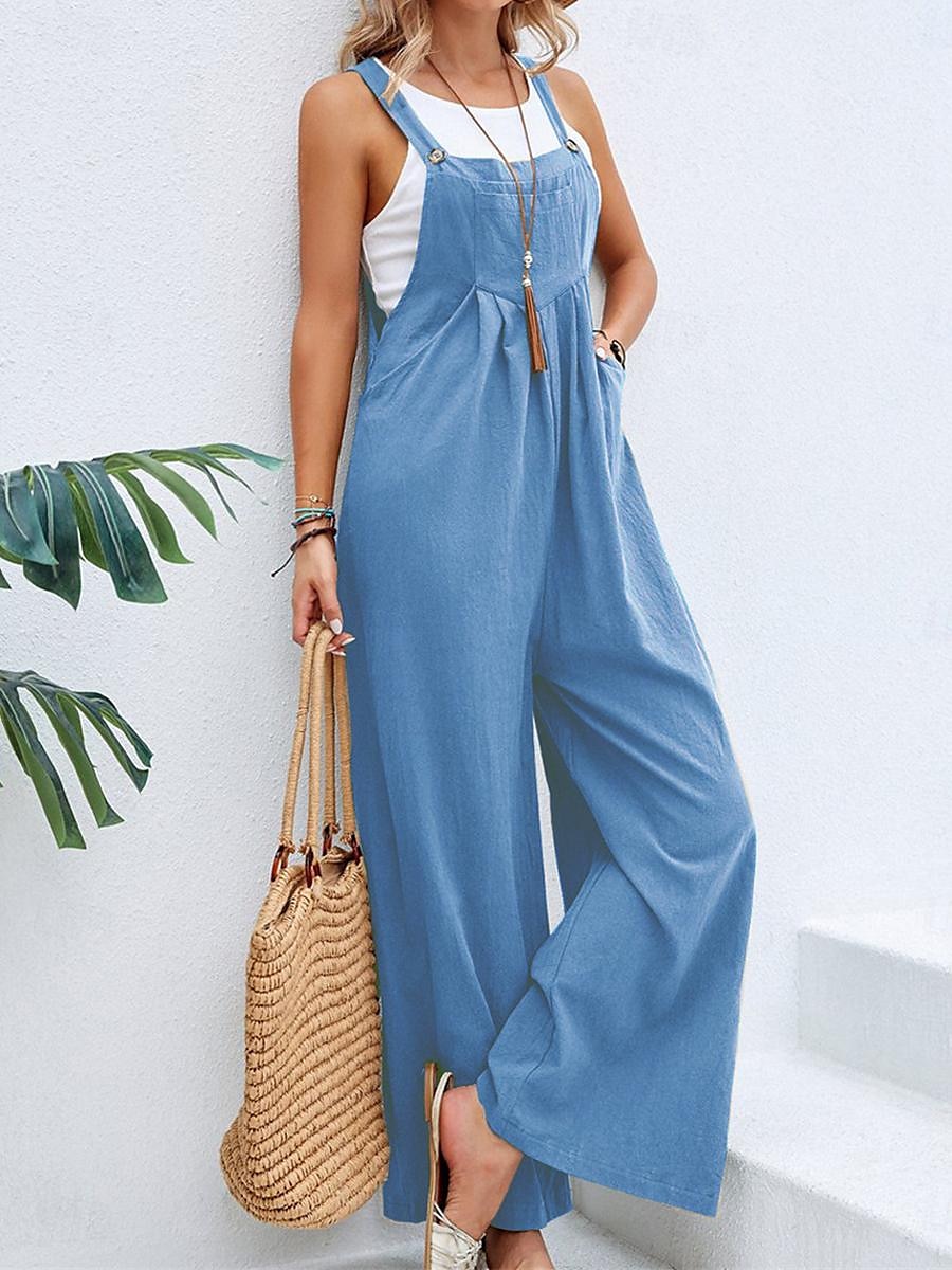Femmes Normal Combinaison Streetwear Couleur Unie Sans manches Col carré Avec Poches Boutons Quotidien Rue Coupe régulière Noir Vin bleu marine Été de 2026 ? $24.99 –P7