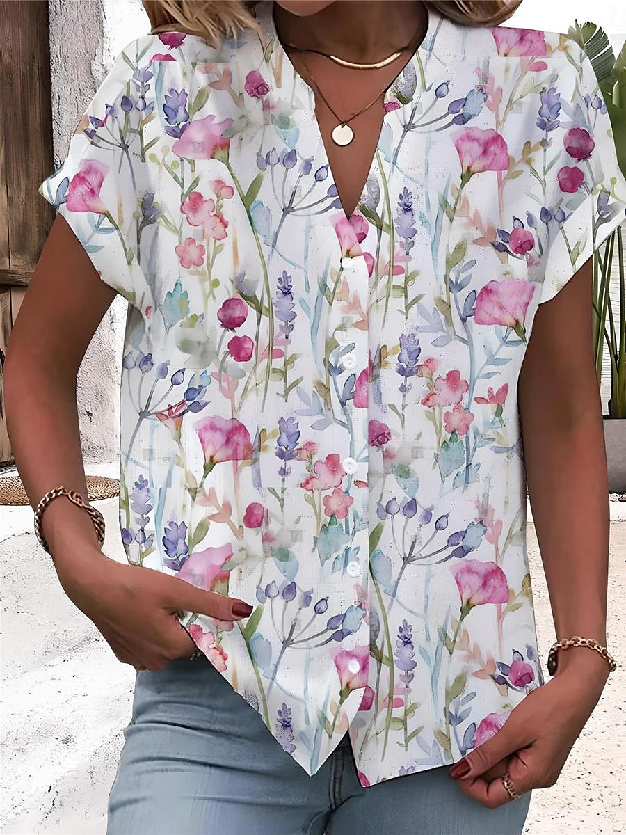 Dames Blouse V-Hals Knopen Mode Streetwear Bloem Knopen Print Korte Mouw Regular Tops Split Hals Casual Wit Roze Luchtblauw Zomer 2025 - $29.99 –P2
