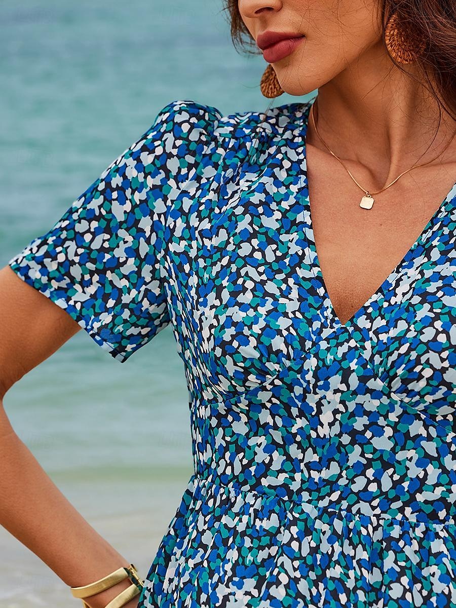robe mi-longue pour femme à manches courtes col en V imprimé floral style bohème vêtements de plage confortables pour vacances bleu blanc été printemps vêtements de 2025 ? $39.99 –P5