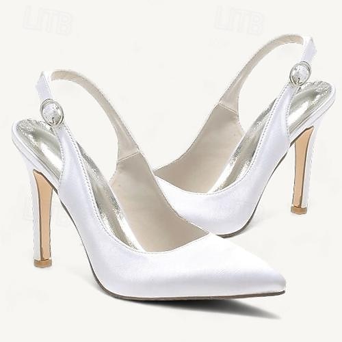 Dame bryllup sko Slingback Brudesko Spenne Stiletthæl Spisstå Basispumps Sateng Hvit Krystall Sølv 2026 - $64.99 –P6