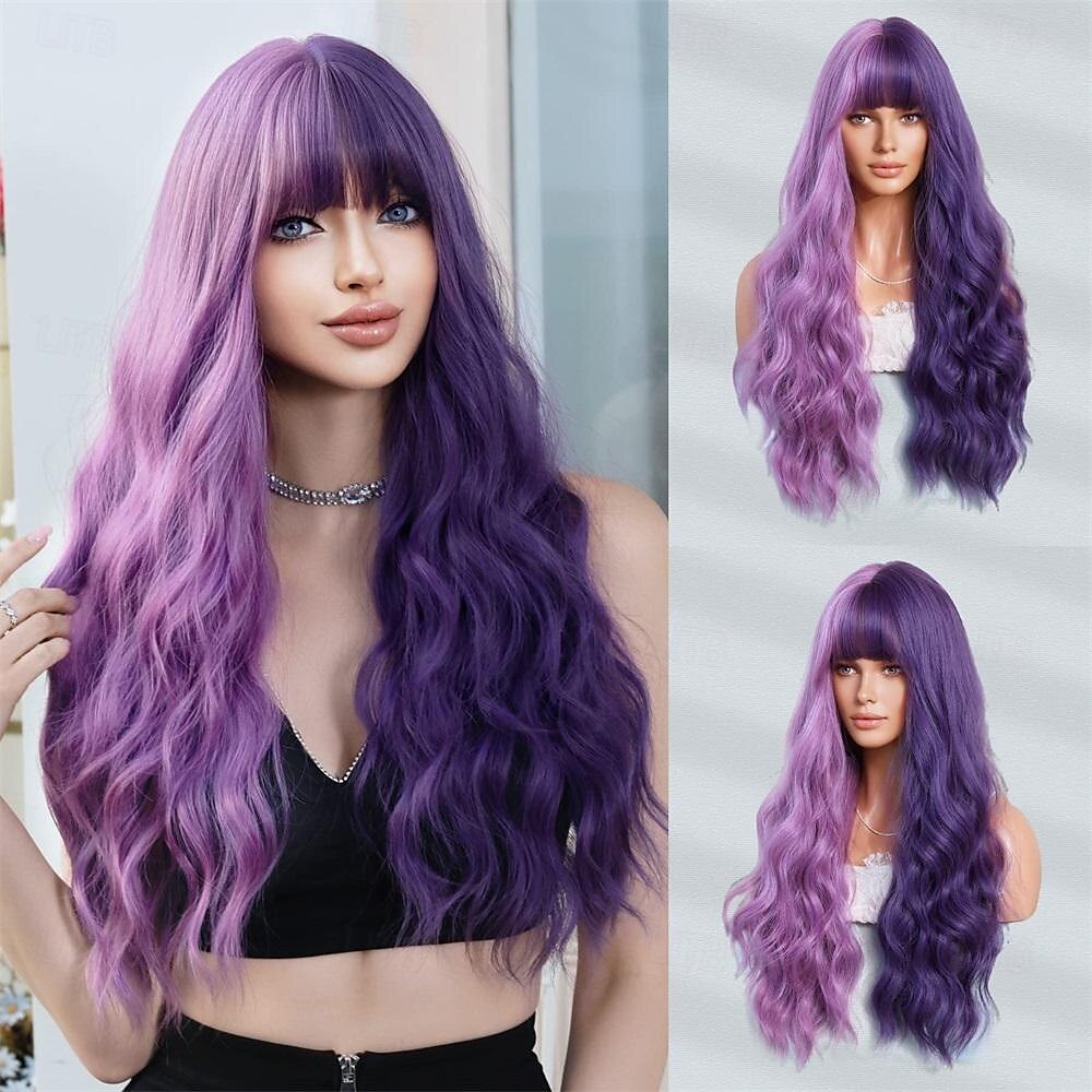 lunghe parrucche ondulate viola con frangia 26 pollici ricci sintetici parrucche ombre resistenti al cuore per le donne cosplay di feste quotidiane usate del 2025 a $21.99 –P1