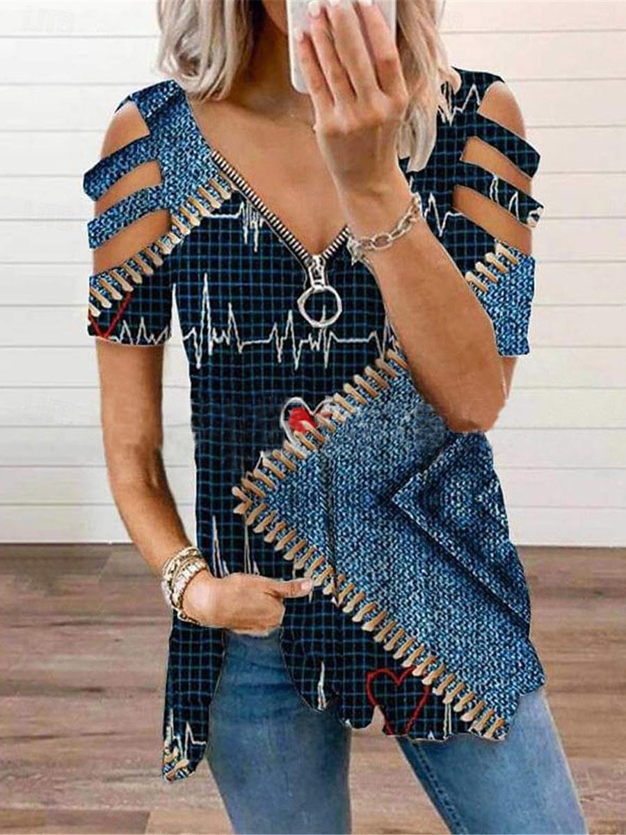 chemisier femme mode moderne bloc de couleurs patchwork découpé imprimé manches courtes hauts réguliers col en V décontracté noir arc-en-ciel été de 2025 ? $26.99 –P3