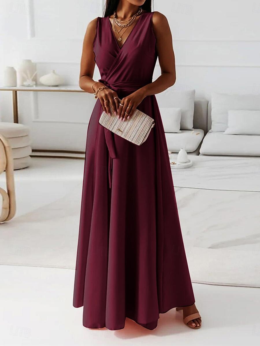 Women's Casual Dress Long Dress Maxi Dress Lace up Date Vacation Streetwear Maxi V Neck Sleeveless Pink Wine Red Color 2025 - $52.99 –P9