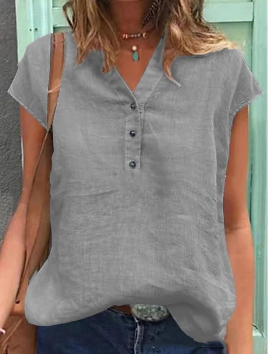 Dame Skjorte Lin-inspirerte skjorter Bluse Lange bomullstopper عادي Mote V-hals Gate Daglig Knapper Hvit Grå Lyseblå Sommer 2025 - $3.99 –P3