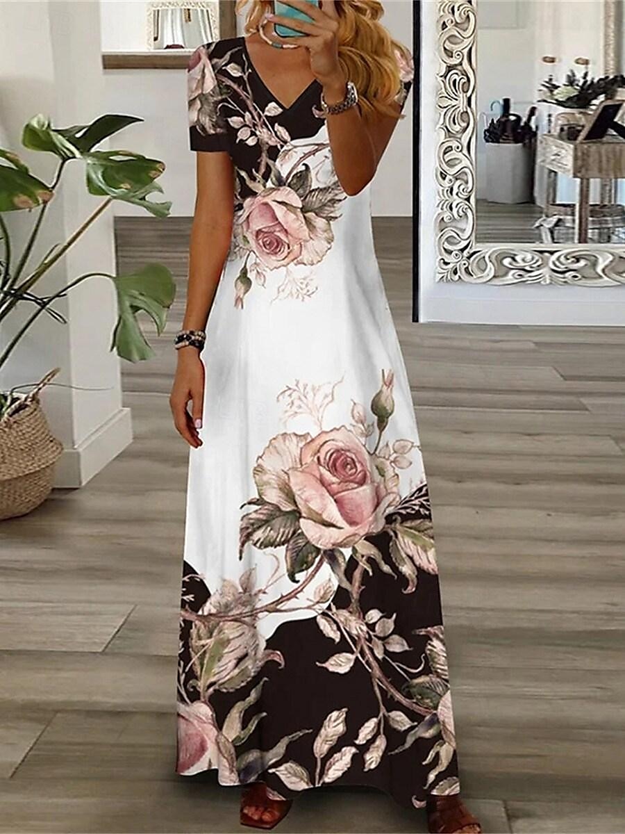 Damen Freizeitkleid Blumendruck V-Ausschnitt Langes Kleid Maxikleid Urlaub Kurzarm Sommer 2025 - $35.99 –P4