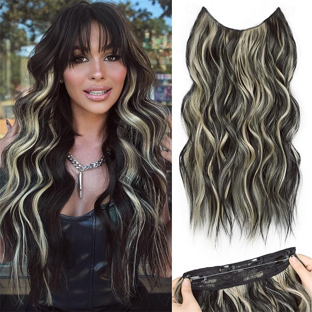 Extensiones de cabello de alambre invisible con 4 clips seguros, diadema transparente, postizos sintéticos ondulados largos de tamaño ajustable para mujeres 2025 - $11.99 –P2
