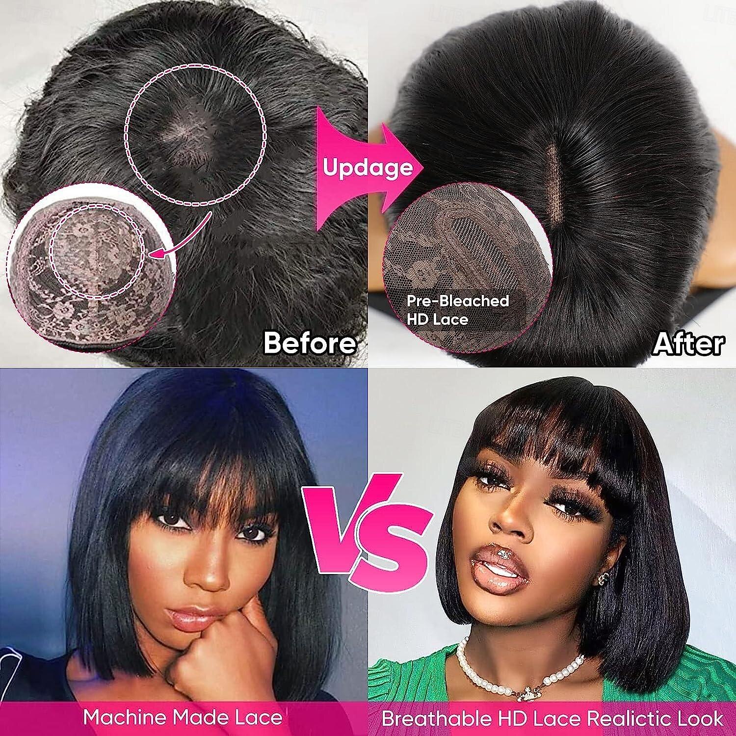 Straight Wig Human Hair With Bangs 2x1 Lace  Cut Wigs Realistic Look Scalp Bob Bangs Wigs For Women Natural Color Brazilian Human Virgin Hair Wigs 2026 - $81.99 –P6