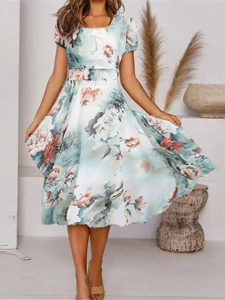 Women's Casual Dress Floral Print Crew Neck Midi Dress Vacation Short Sleeve Summer 2025 - $33.99 –P2