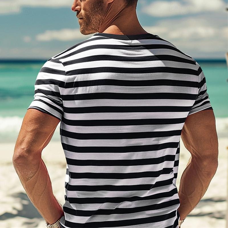 Men's T Shirt Tee Top Short Sleeves Crew Neck Summer Striped Fashion Designer Basic Front Pocket Vacation Street Going out Black Red Navy Blue Top Tee for Men 2025 - $16.49 –P2