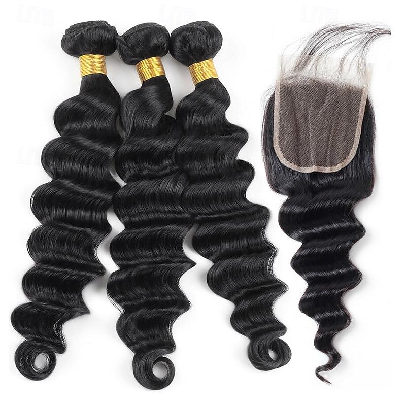 12a capelli umani sciolti fasci profondi con chiusura capelli umani vergini brasiliani 3/4 fasci con pizzo svizzero sciolto profondo nero naturale del 2025 a $217.19 –P2