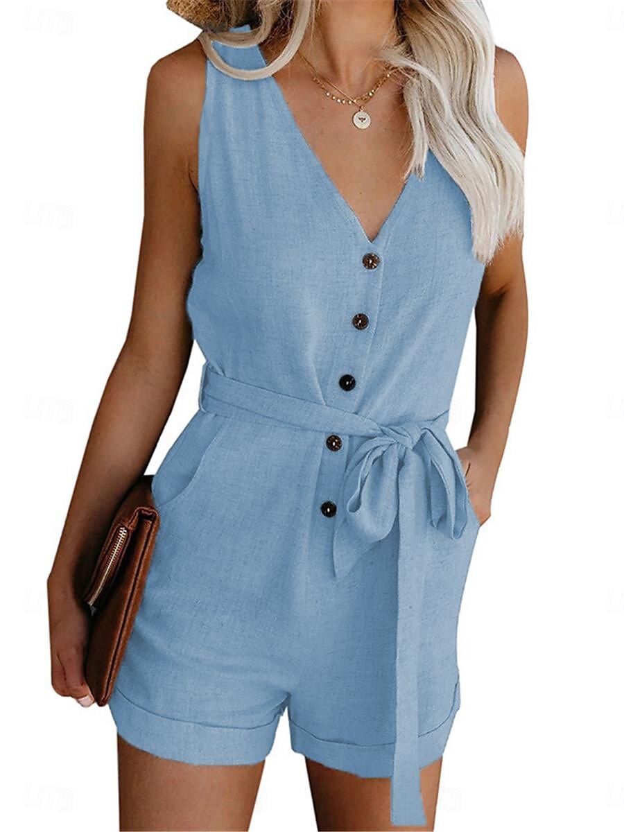 combinaison femme sans manches col en V boutonné devant noué à la taille couleur unie lin style décontracté élégant été printemps tenue une pièce de 2025 ? $22.99 –P7