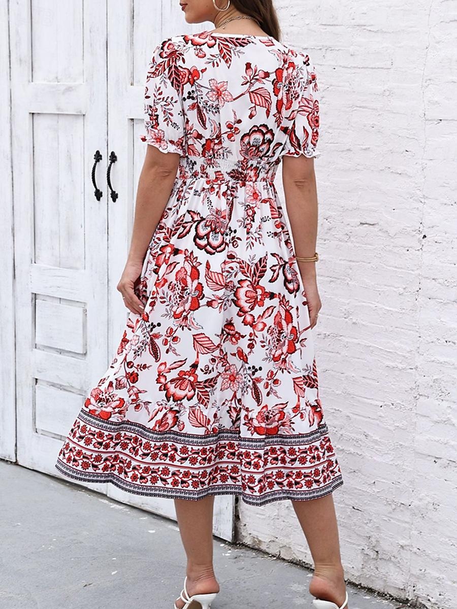 Damen Midikleid Casual kleid Schaukelkleid A Linie Kleid Sommerkleid Strassenmode A-Linie Urlaub Strasse Festtage Regular Fit Blumen Kurzarm V Ausschnitt Schwarz Rote Blau Grün Sommer 2026 - $27.99 –P20