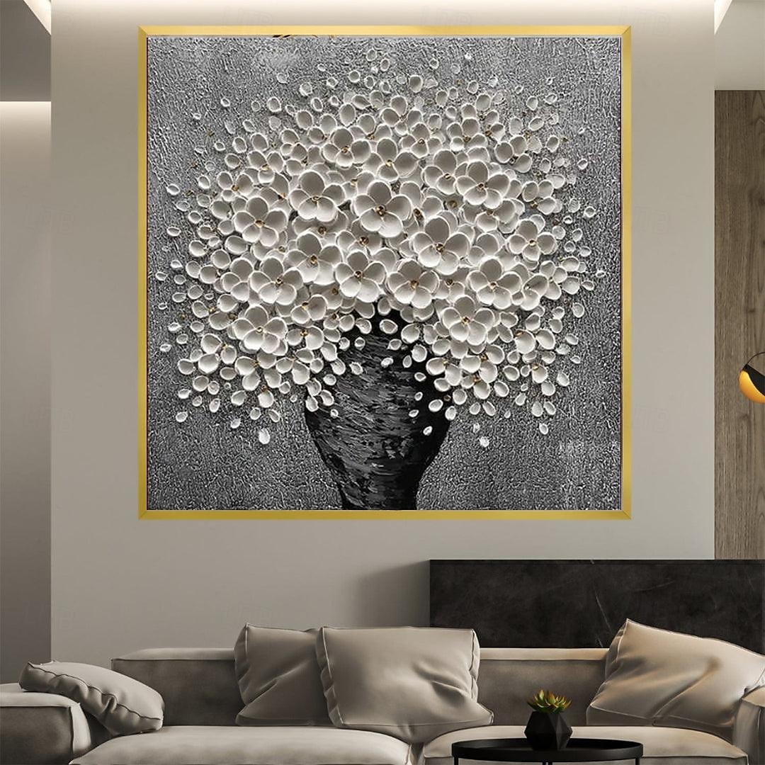 Handgemaltes 3D-modernes Leinwand-Blumengemälde, Vase, schwarze weiße Blume, blühendes Blumen-Ölgemälde für Heimdekoration 2025 - $116.99 –P1