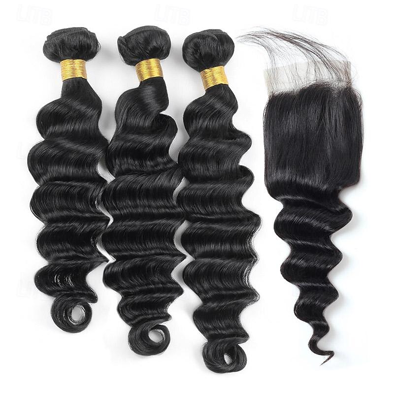 12a capelli umani sciolti fasci profondi con chiusura capelli umani vergini brasiliani 3/4 fasci con pizzo svizzero sciolto profondo nero naturale del 2025 a $217.19 –P1