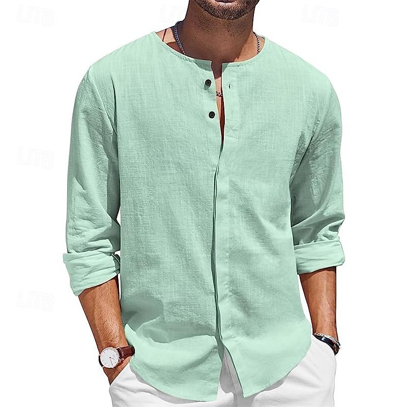 Men's Shirt Summer Shirt Casual Shirt Beach Shirt Button Up Shirt Black White Blue Green Gray Long Sleeve Plain Collar Vacation Hawaiian Clothing Apparel Cotton Cotton Blend Fashion Casual Comfortable 2025 - $22.99 –P5
