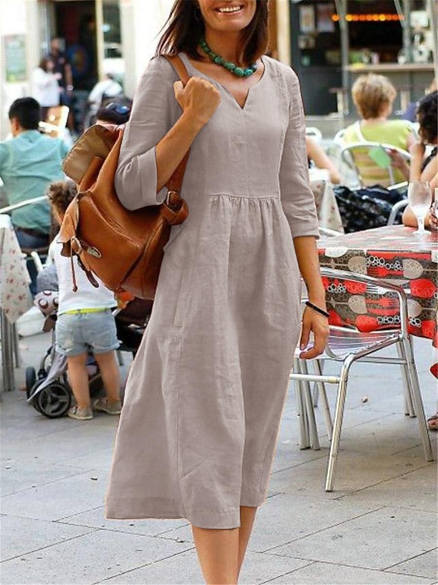 Femmes Jaune Rose Claire Rouge Été Printemps Robe Midi Robes inspirées du lin Robe Décontractée Basique Moderne Quotidien Week-end Coupe régulière Uni Col en V de 2025 ? $26.99 –P5