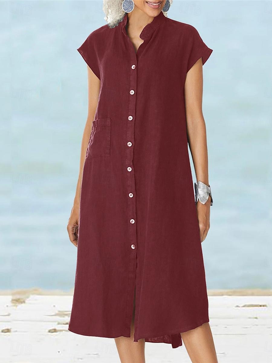 Pentru femei Negru Alb Roșu Vin Vară Primăvară Rochii Midi Rochii de in bumbac Rochii Tip Cămașă Rochie casual De Bază Modern Zilnic Sfârșit de săptămână Potrivire Largă Simplu Guler de stand 2025 - $22.99 –P11