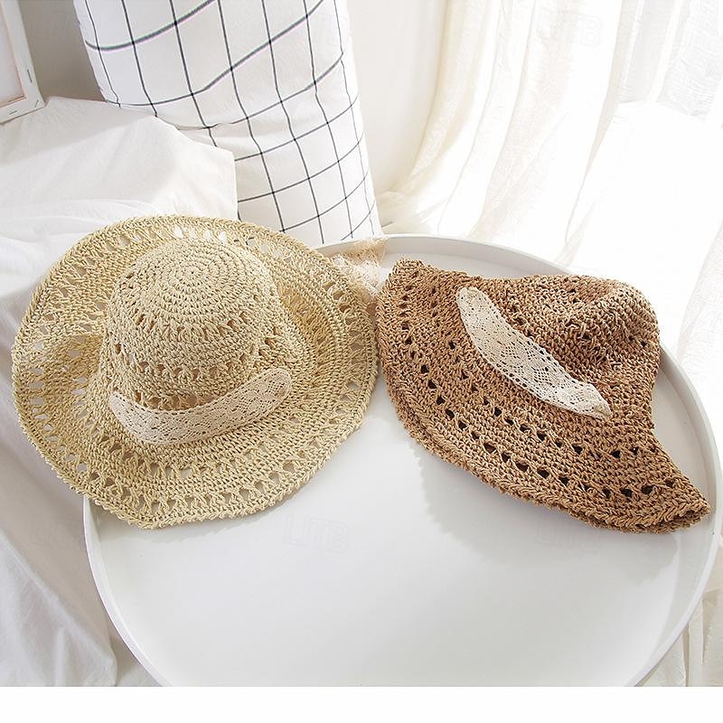 cappello a secchiello all'uncinetto cavo nastro di pizzo cravatta a tesa larga cappello da sole in paglia traspirante eleganti cappelli da spiaggia da viaggio per ombrellone per donna del 2025 a $14.99 –P4