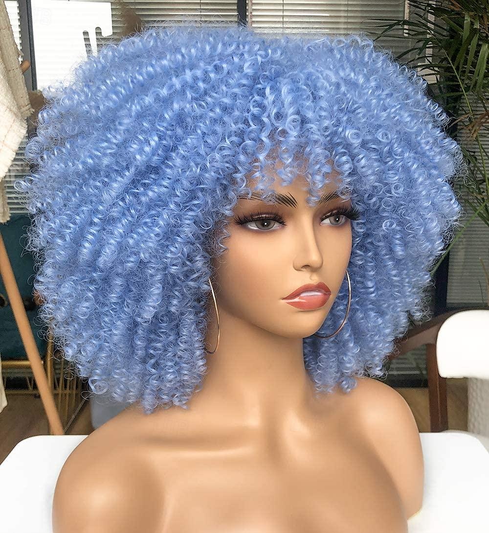 Curly Wig with Bangs for Black Women Short Kinky Curly Wig 14inch Afro Hair Carnival Party Christmas Cosplay Wigs Sky Blue 2025 - $17.99 –P3