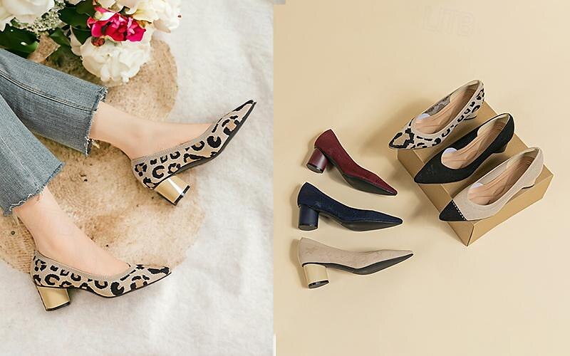 Dámské Podpatky Větší velikosti Boty Flyknit Venkovní Kancelář Denní Leopard Kačenka Palec do špičky Módní Klasické Pohodlné Chůze Úplet Povaleč Mandlová Levhart Černá / béžová 2025 - $46.99 –P1