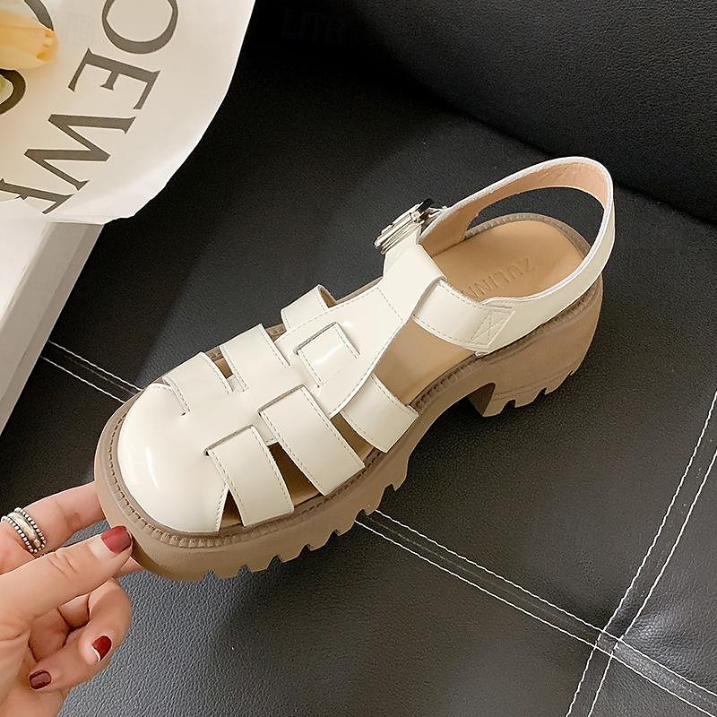 sandali da pescatore bianchi da donna con suola spessa e cinturino con fibbia, scarpe vintage in similpelle chiuse per l'estate, l'uso quotidiano e gli outfit casual del 2025 a $59.99 –P2