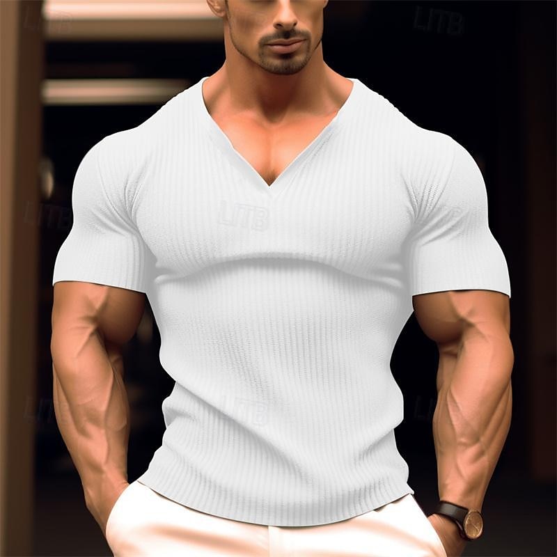 Herren T Shirt Geripptes Strick-T-Shirt T-Shirt Kurze Ärmel V Ausschnitt Sommer Einfach Grubenstreifen Mode Designer Basic Knöpfe Urlaub Straße Ausgehen Schwarz Weiß Marinenblau Top T-Shirt für Herren 2025 - $17.99 –P3