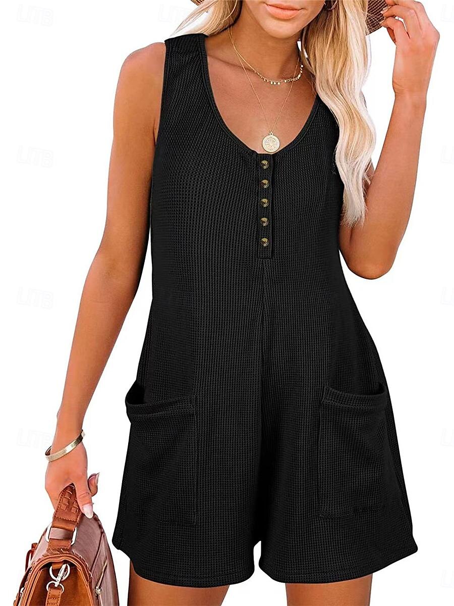 Dam Vanligt Jumpsuits Streetwear Ensfärgat Ärmlös V-hals Knappar Ficka Gata Dagligen Normal Svart Rodnande Rosa Vin Sommar 2025 - $22.99 –P18