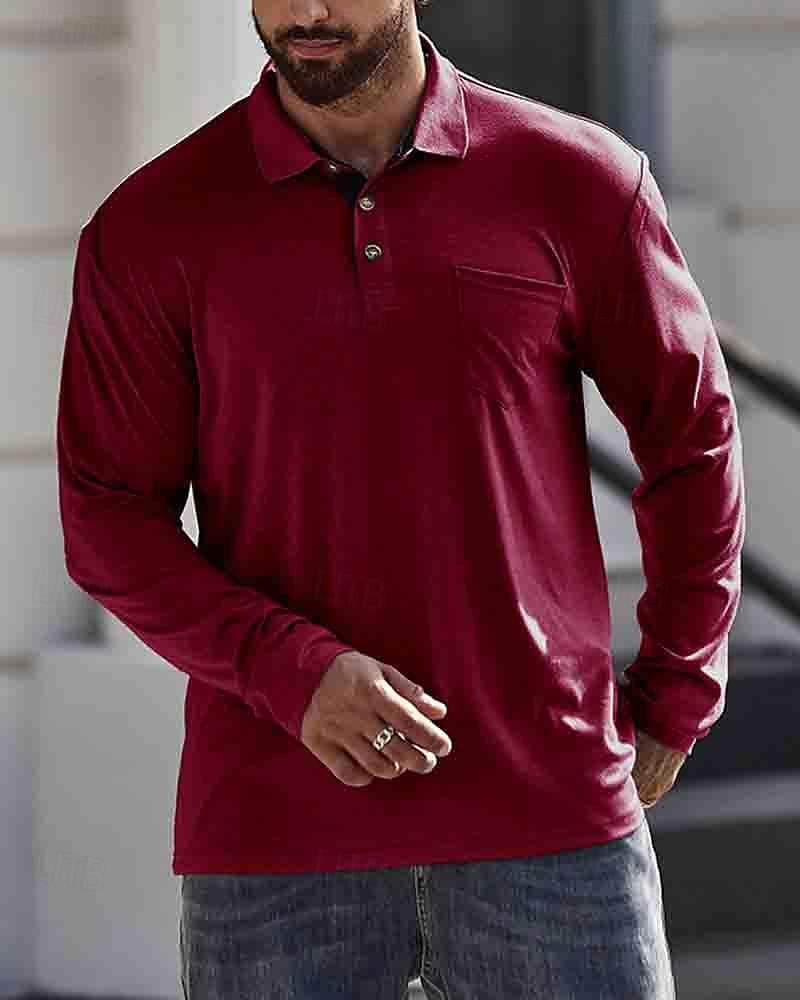 Herren Poloshirt aus Baumwolle Golfhemd Arbeit Casual Kargen Langarm Basic Modern Glatt Taste Tasche Frühling & Herbst Regular Fit Dunkelrot Wein Aprikose Dunkelgrau Wasserblau Schwarz Poloshirt aus 2025 - $18.99 –P17