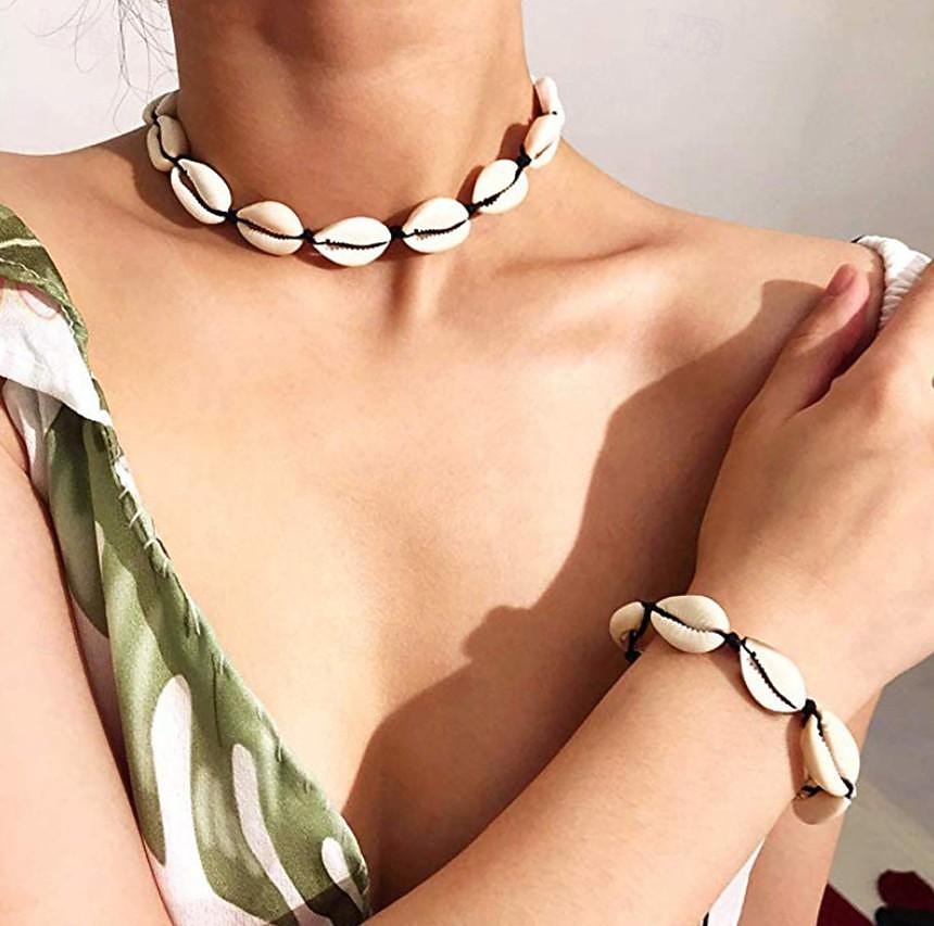 Colar de concha natural pulseira tornozeleira conjunto artesanal ajustável verão boho havaí praia concha gargantilha jóias presente para mulheres meninas de 2026 por $9.49 –P1