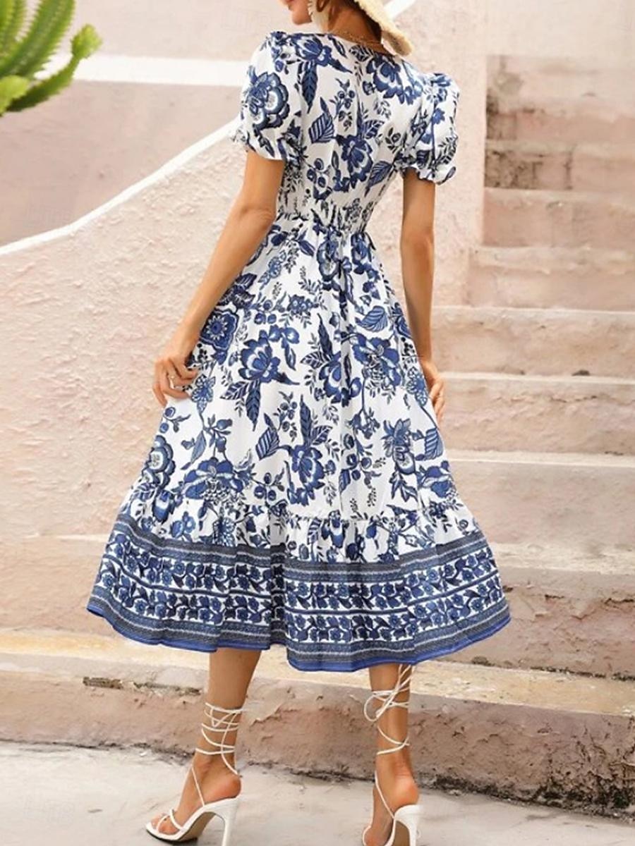 Damen Midikleid Casual kleid Schaukelkleid A Linie Kleid Sommerkleid Strassenmode A-Linie Urlaub Strasse Festtage Regular Fit Blumen Kurzarm V Ausschnitt Schwarz Rote Blau Grün Sommer 2026 - $27.99 –P3