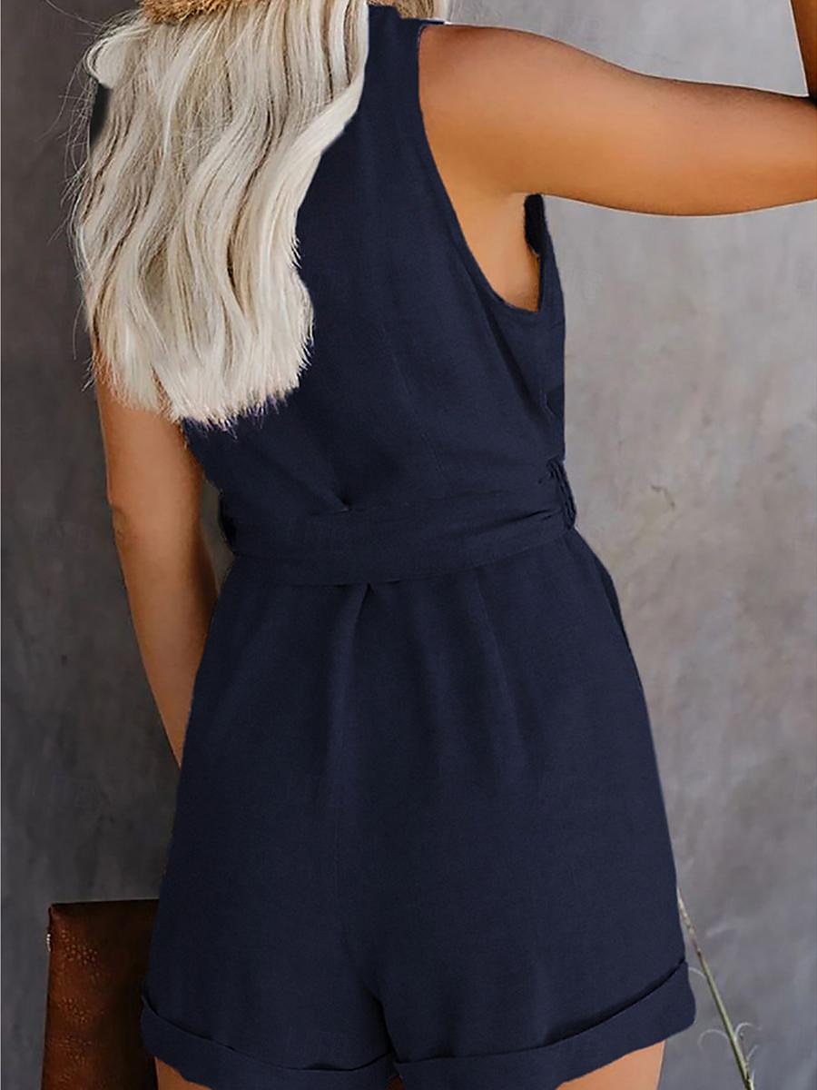 combinaison femme sans manches col en V boutonné devant noué à la taille couleur unie lin style décontracté élégant été printemps tenue une pièce de 2025 ? $22.99 –P14
