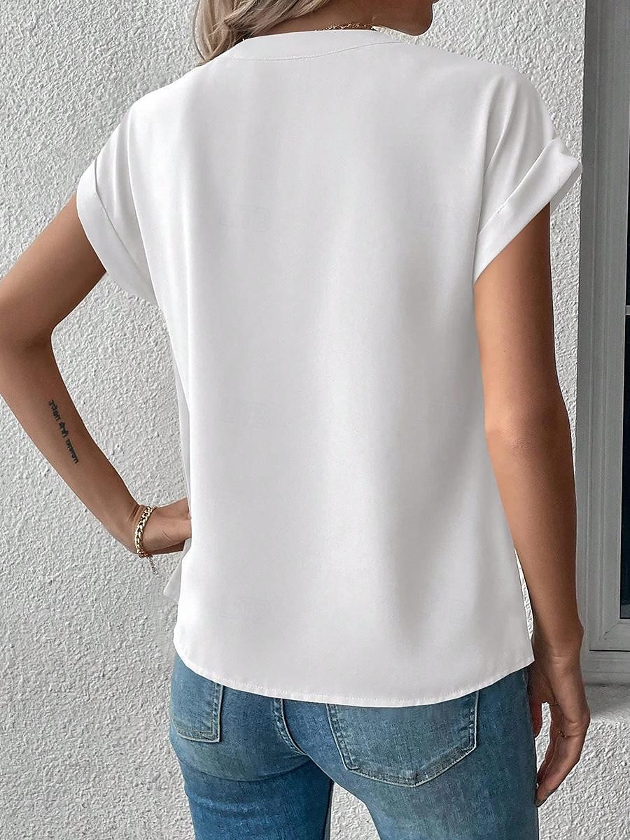 Damenhemd V-Ausschnitt Button-Down Bluse Mode Streetwear Knopf Druck Kurzarm Reguläre Tops Geteilter Hals Lässig Weiß Sommer 2025 - $29.99 –P4