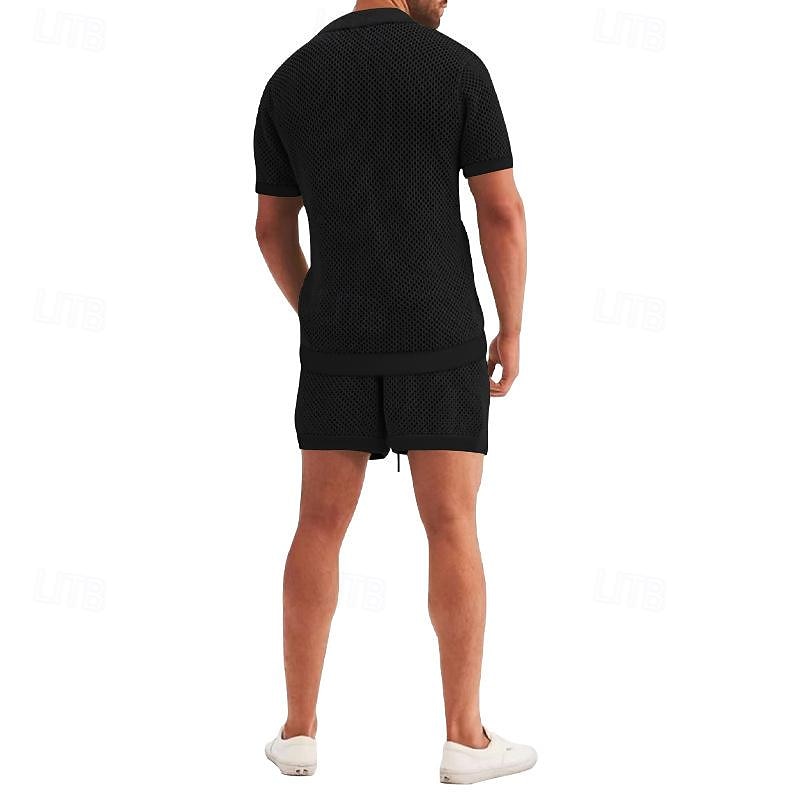 Men's Shirt Shirt Set Button Up Shirt Casual Shirt Summer Shirt Black White Royal Blue Light Grey Light Blue Short Sleeve Plain Lapel Hawaiian Holiday Mesh Clothing Apparel Fashion Casual Comfortable 2024 - $39.99 –P8
