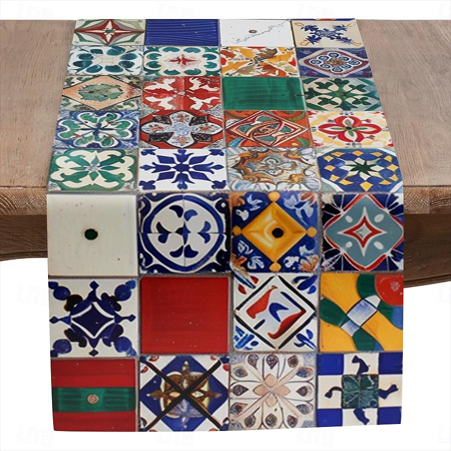 boho spojování dlaždic potisk běhoun ve venkovském stylu, výzdoba kuchyňského jídelního stolu, výzdoba potiskem běhouny na vnitřní venkovní dům na statku dovolená svatba dekorace na oslavu narozenin 2025 - $12.49 –P5