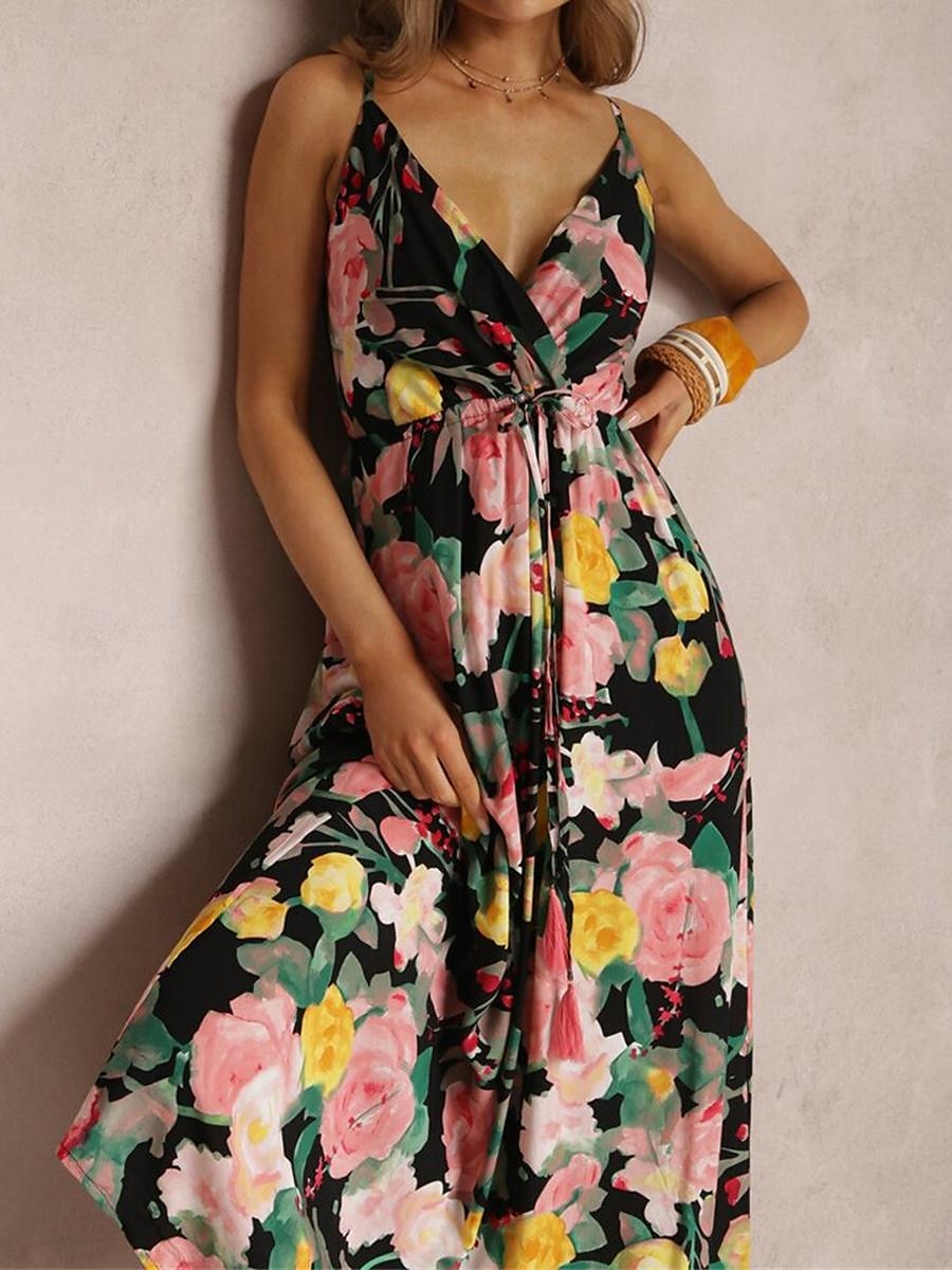Damen Freizeitkleid Unterkleid Blumen rückenfrei Print Träger langes Kleid Maxikleid Hawaii Urlaub Strand ärmellos Sommer 2025 - $41.99 –P11