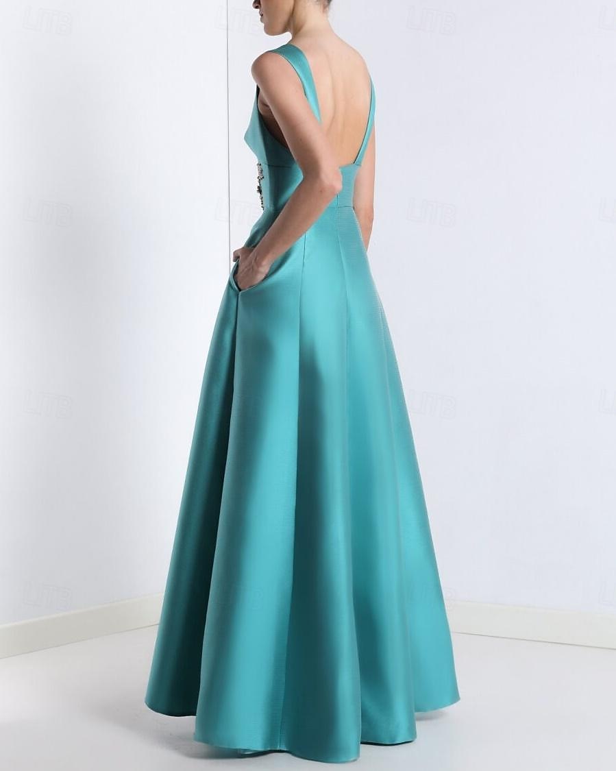 Robes de Prom A-Line Robe Élégante Formelle Prom Longueur de Sol Sans Manches V Col Poche Satin avec Appliqués de 2025 ? $185.99 –P2