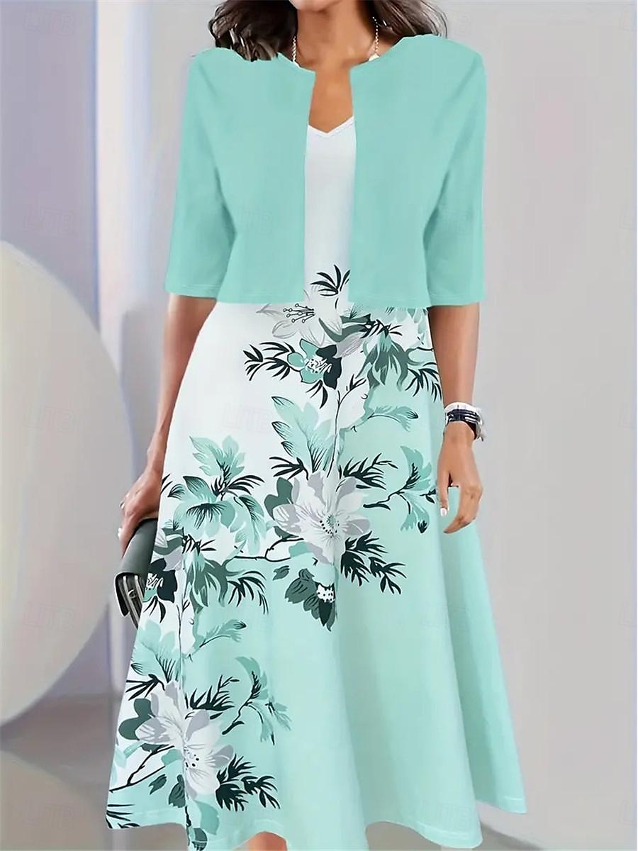 Pentru femei Set de rochii Rochie casual Rochie leagăn Rochie imprimata Modă Modern Floral Imprimeu Rochii Midi Manșon Jumate În V În aer liber Dată Alb Albastru regal Albastru piscină Vară Fit 2025 - $38.99 –P7