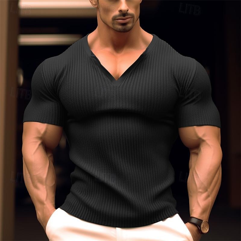 Herren T Shirt Geripptes Strick-T-Shirt T-Shirt Kurze Ärmel V Ausschnitt Sommer Einfach Grubenstreifen Mode Designer Basic Knöpfe Urlaub Straße Ausgehen Schwarz Weiß Marinenblau Top T-Shirt für Herren 2025 - $17.99 –P4