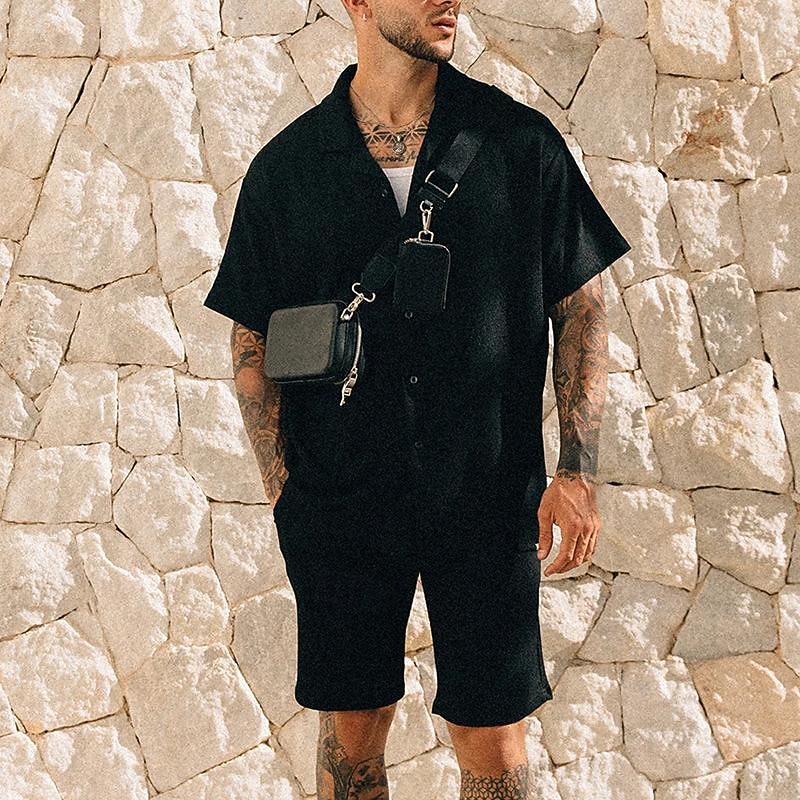 Men's Shirt Shirt Set Summer Shirt Button Up Shirt Casual Shirt Beach Shirt Black Blue Green Short Sleeve Plain Camp Collar Holiday Vacation 2 Piece Clothing Apparel Fashion Casual Comfortable 2026 - $40.99 –P1