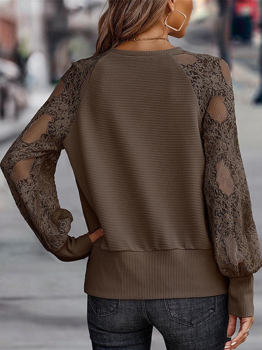 Top in pizzo elegante da donna con occhiello blusa alla moda moderna patchwork in pizzo maniche lunghe regolare scollatura a V casual romantico top petite estivi per le vacanze nere marroni verdi del 2025 a $29.99 –P9
