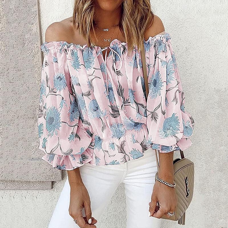 Women's Shirt Blouse Floral Fashion Long Sleeve Cold Shoulder Off Shoulder Regular Tops Casual Holiday Lace up Buttons Print White Pink Blue Beige Summer 2026 - $25.99 –P2