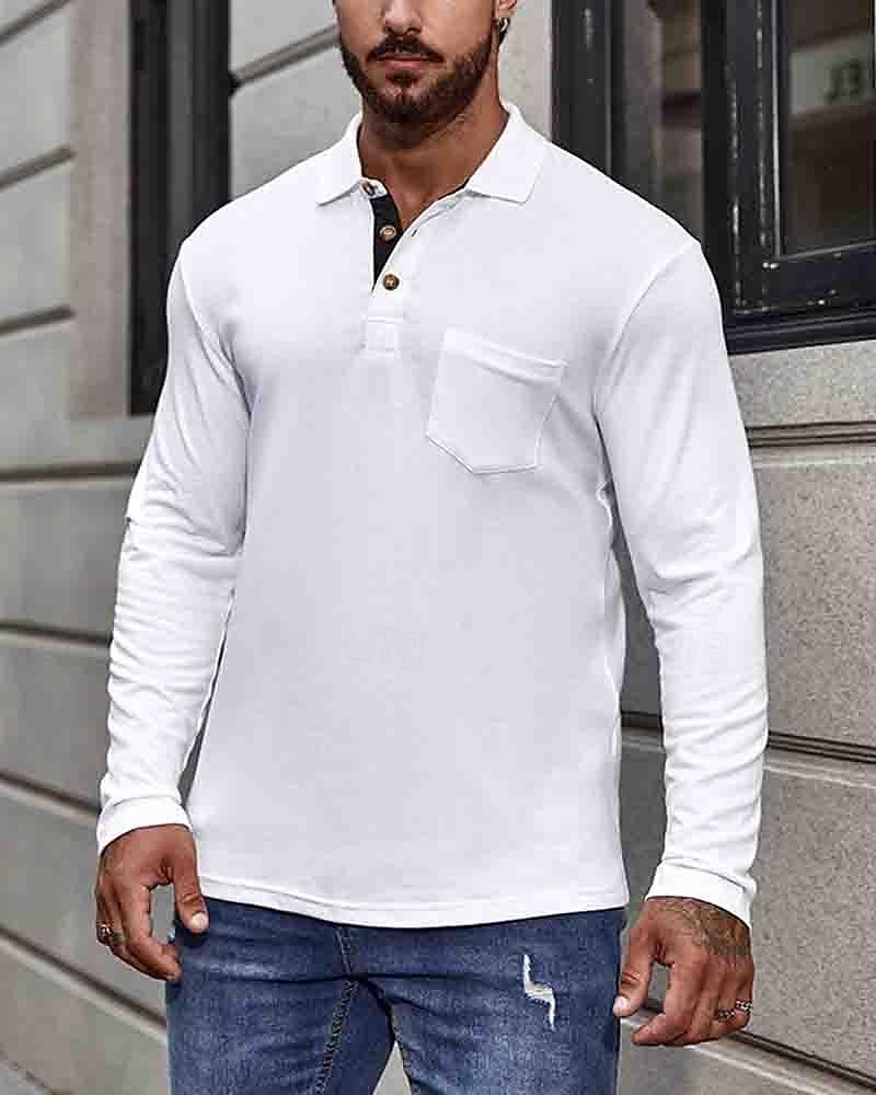 Herren Poloshirt aus Baumwolle Golfhemd Arbeit Casual Kargen Langarm Basic Modern Glatt Taste Tasche Frühling & Herbst Regular Fit Dunkelrot Wein Aprikose Dunkelgrau Wasserblau Schwarz Poloshirt aus 2025 - $18.99 –P5