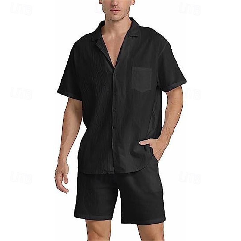 Voor heren Overhemd linnen overhemd Katoenen linnen overhemd Wit katoenen overhemd Overhemdset Zomer overhemd Effen Feestdagen Alledaagse kleding Zwart Wit Khaki Leger Groen Korte mouw Kamp kraag 2025 - $26.99 –P4