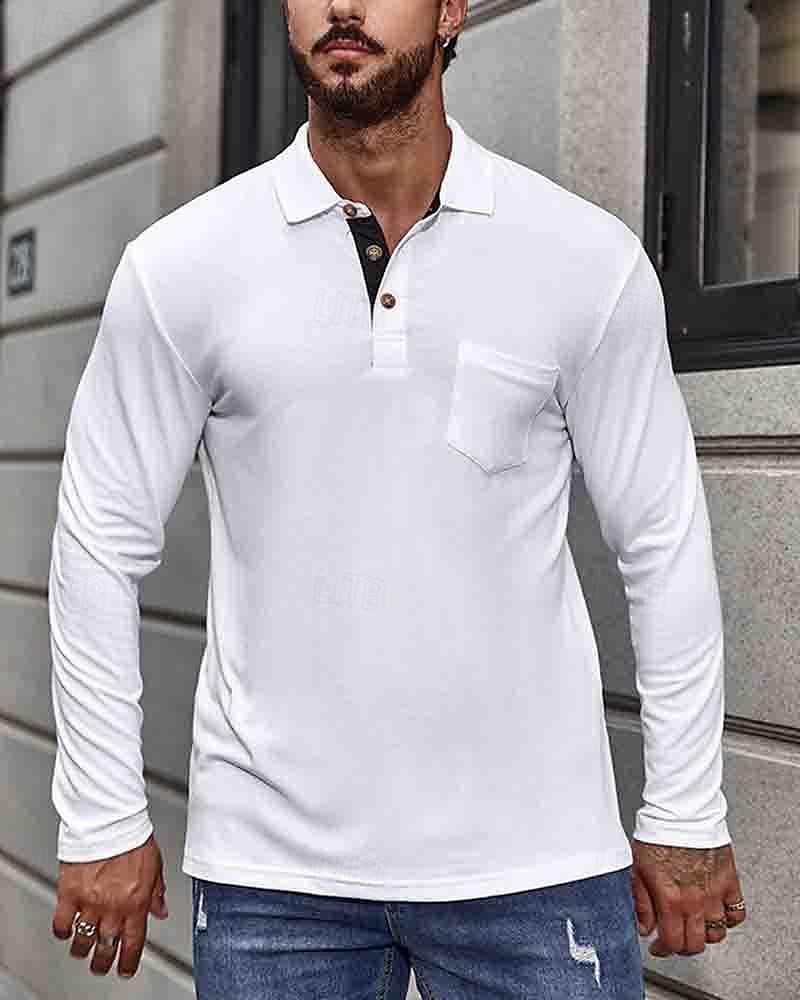 Herren Poloshirt aus Baumwolle Golfhemd Arbeit Casual Kargen Langarm Basic Modern Glatt Taste Tasche Frühling & Herbst Regular Fit Dunkelrot Wein Aprikose Dunkelgrau Wasserblau Schwarz Poloshirt aus 2025 - $18.99 –P6