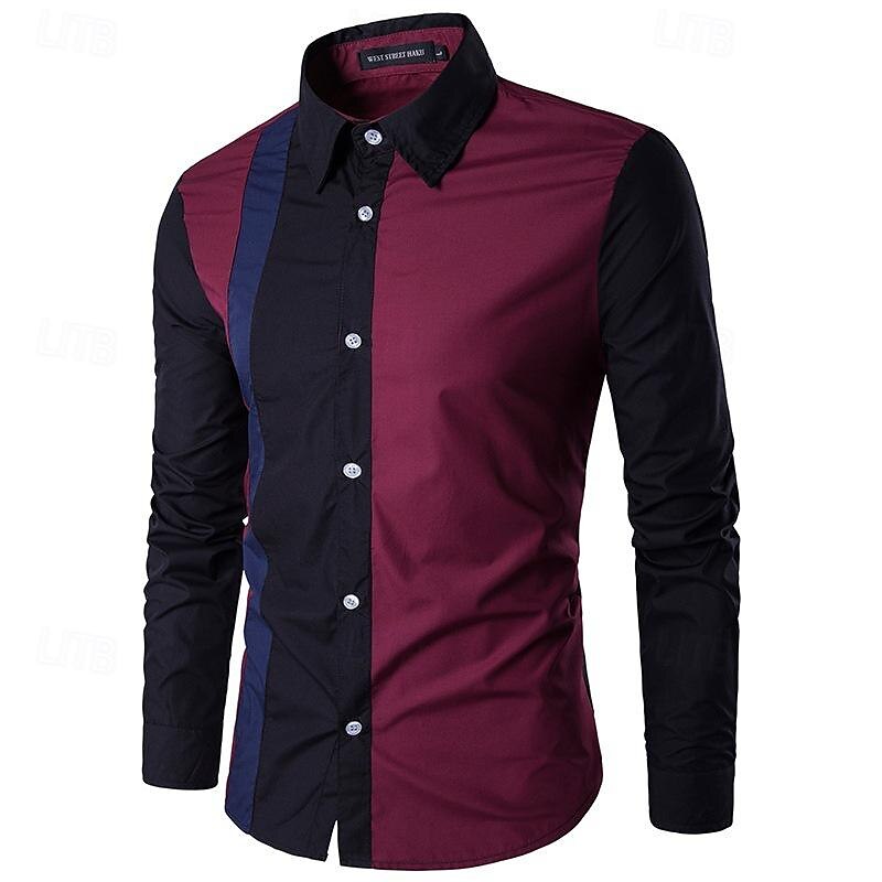 Men's Shirt Summer Shirt Casual Shirt Collared Shirt Button Up Shirt Black Wine Navy Blue Blue Long Sleeve Color Block Lapel Vacation Holiday Patchwork Clothing Apparel Polyester Fashion Casual 2025 - $19.49 –P5