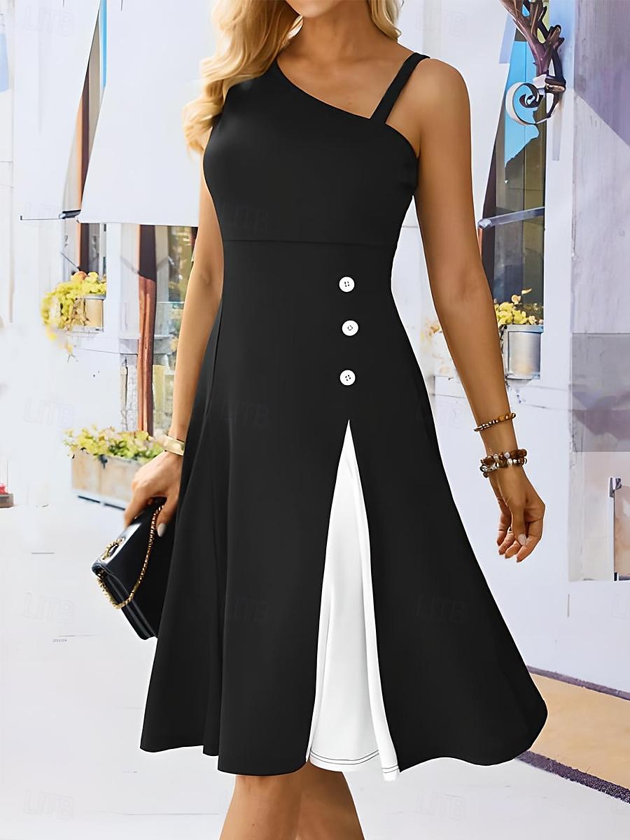 Cocktailkleid für Damen, einschultrig, asymmetrischer Ausschnitt, Knopfdetail, ärmellos, A-Linie, Midi, schwarz, weiß, Party, elegant, stilvoll, Frühling, Sommer, Kleidung 2025 - $15.99 –P1