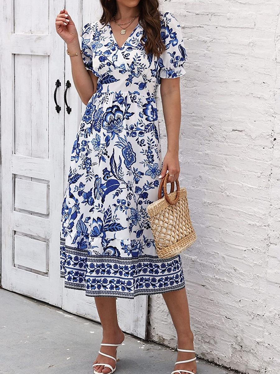 Damen Midikleid Casual kleid Schaukelkleid A Linie Kleid Sommerkleid Strassenmode A-Linie Urlaub Strasse Festtage Regular Fit Blumen Kurzarm V Ausschnitt Schwarz Rote Blau Grün Sommer 2026 - $27.99 –P12